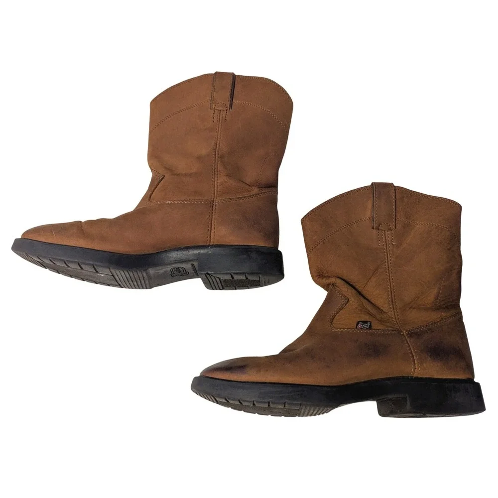 Justin Kids Sz 5.5D Aged Bark Work Boots Brown Leather Roper Cowboy Boots 4782Y